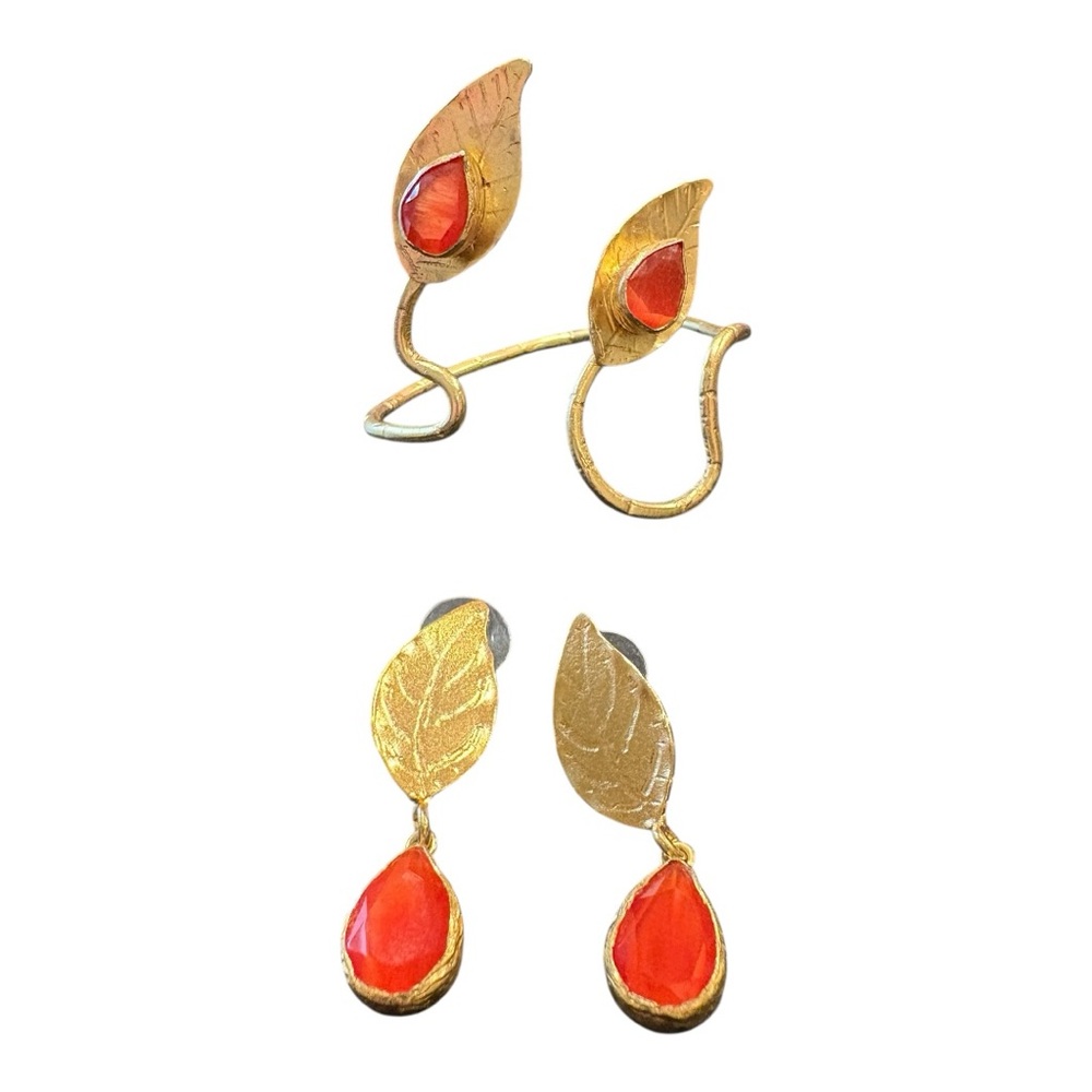 Artisan Gold Leaf Jewelry Set Cuff Bracelet & Drop Earrings Orange Stones JB7